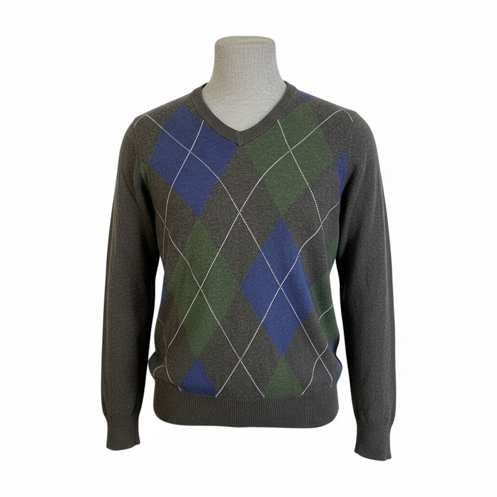 Fossil Argyle V Neck Sweater Mens Blue Green Preppy Classic Knit Top
